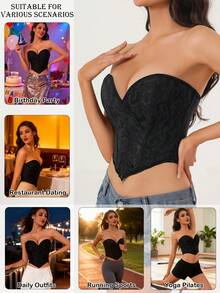 1PC Women Corset Tops For Women Going Out Lace Mesh Date Night Top Corset Crop Top Lace Up Brocade Overbust Bustiers Body Shaper Lingerie Sexy Woman Push Up Corselet Waist Cincher Corset Shapewear Body Fashion Shaper - Black - View 4