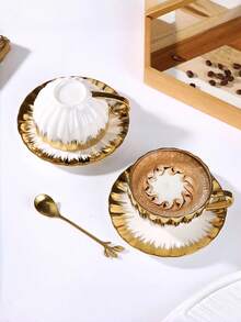 1 Set Ceramic Coffee Cup & Saucer With Gold Rim, Elegant Tea Set, Suitable For Living Room, Cafe, Kitchen, Office, Cup, Ramadan, Saudi Premium Coffee Cup