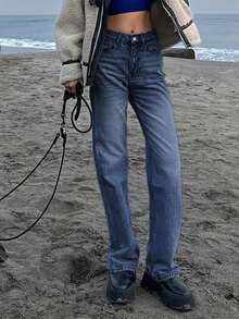 女士复古锥形牛仔裤，适合日常穿着 - 深色水洗藍 - 查看 4