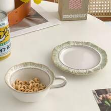 Vintage Embossed Ceramic Coffee Cup And Saucer Set - French Retro Style, Multi-Purpose For Coffee, Desserts, Sparkling Water, Ice Cream, Cold Drinks, Ideal For Home, Gatherings, Parties, Gifting, Weddings & Work - Multicolor - View 5