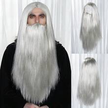 Long Straight Hair With Beard Set For Men Costume Funny Film Character King Jesus Zeus Wizard Cosplay Wigs, White Synthetic Natural Looking Daily Party Wig, Low Temperature Fiber, Beginner Friendly, Perfect For Holiday, Parties & Gifts For Birthday Christmas, Festival Hairpiece-Playing, Stage Props, Etc