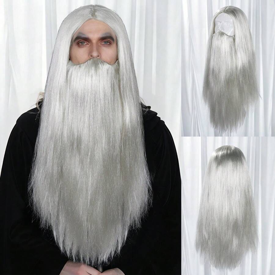 Long Straight Hair With Beard Set For Men Costume Funny Film Character King Jesus Zeus Wizard Cosplay Wigs, White Synthetic Natural Looking Daily Party Wig, Low Temperature Fiber, Beginner Friendly, Perfect For Holiday, Parties & Gifts For Birthday Christmas, Festival Hairpiece-Playing, Stage Props, Etc