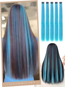 Five Piece Set Of Straight Hair Extensions With Light Blue 24 Inch Heat-Resistant Fiber Synthetic Hair Clips, Suitable For Women's Christmas, Halloween Parties, And Daily Use - Baby Blue - View 3