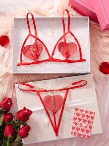 2pcs Valentine's Day Gift Women's Sexy Lingerie Set, Adjustable Straps Triangle Cup Bra With Single Hook Closure And Metal Chain Back Connection Thong, Velvet Heart Pattern, Comfortable & Seductive Intimate Apparel Set - Red - View 3