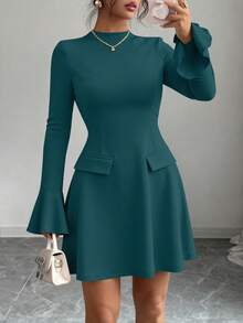 PRETTYGARDEN Women's Long Sleeve Elegant  Mini Dress Fall Bodycon Mock Neck Elegant Business Work Party Short Dresses New Years Valentine Vacation - 藍綠 - 查看 1