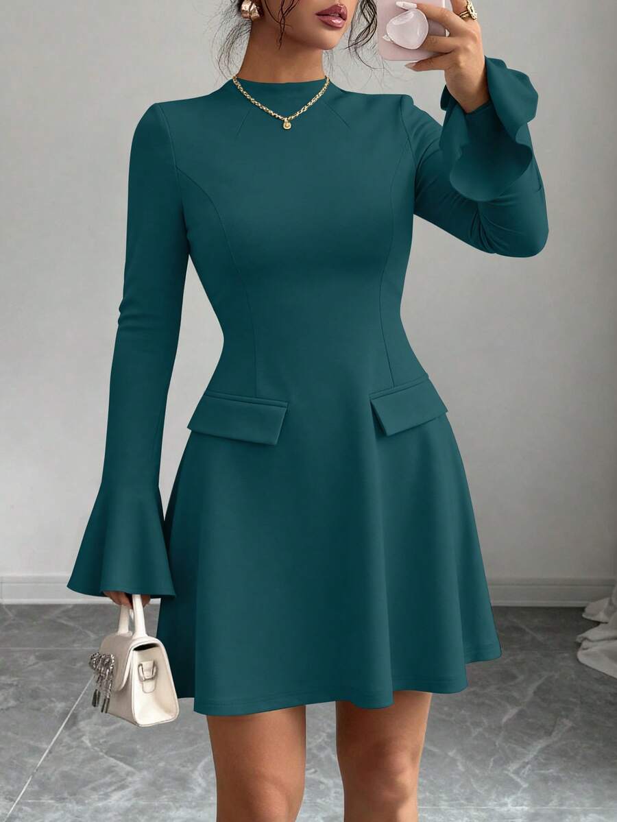 PRETTYGARDEN Women's Long Sleeve Elegant Mini Dress Fall Bodycon Mock Neck Elegant Business Work Party Short Dresses New Years Valentine Vacation - 藍綠 - 查看 1