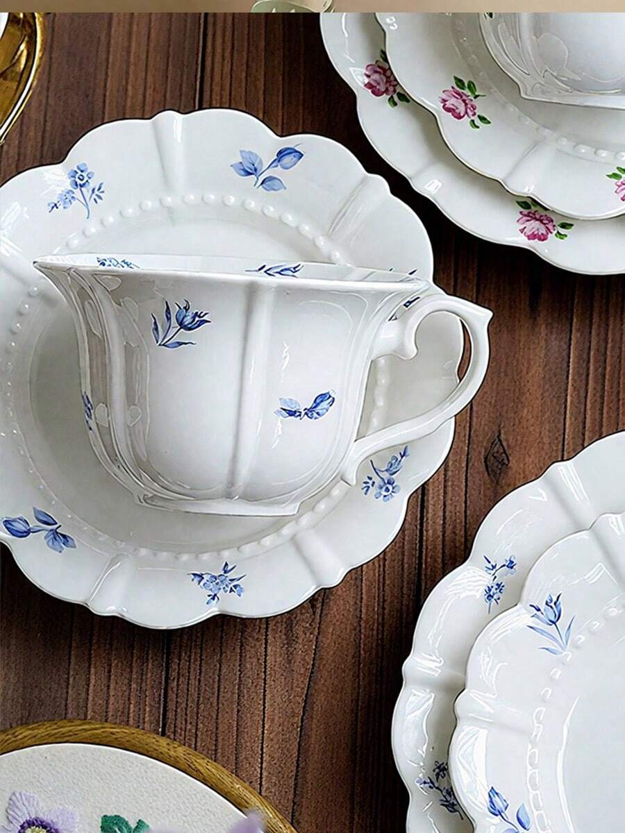 陶瓷杯 咖啡杯 水杯 马克杯 茶杯 儿童杯 简约北欧风 带把手 可定制雕刻 - 杯碟 珠點花瓣 陶瓷 - 查看 1