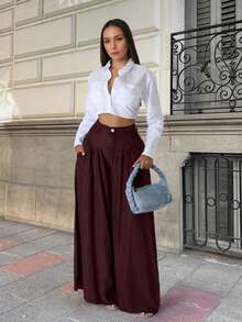 2026春夏新款女士纯色休闲优雅街头出游约会度假褶皱阔腿高腰裤，适合海滩、派对、春季穿搭、优雅正式裤装、女士音乐会服装、女士裤装、女士度假装、夏季度假装、女士街头风、女士生日装、女士夏季裤装、女士优雅连衣裙、女士度假装、女士派对装、女士春季装。 - 酒紅色 - 查看 4