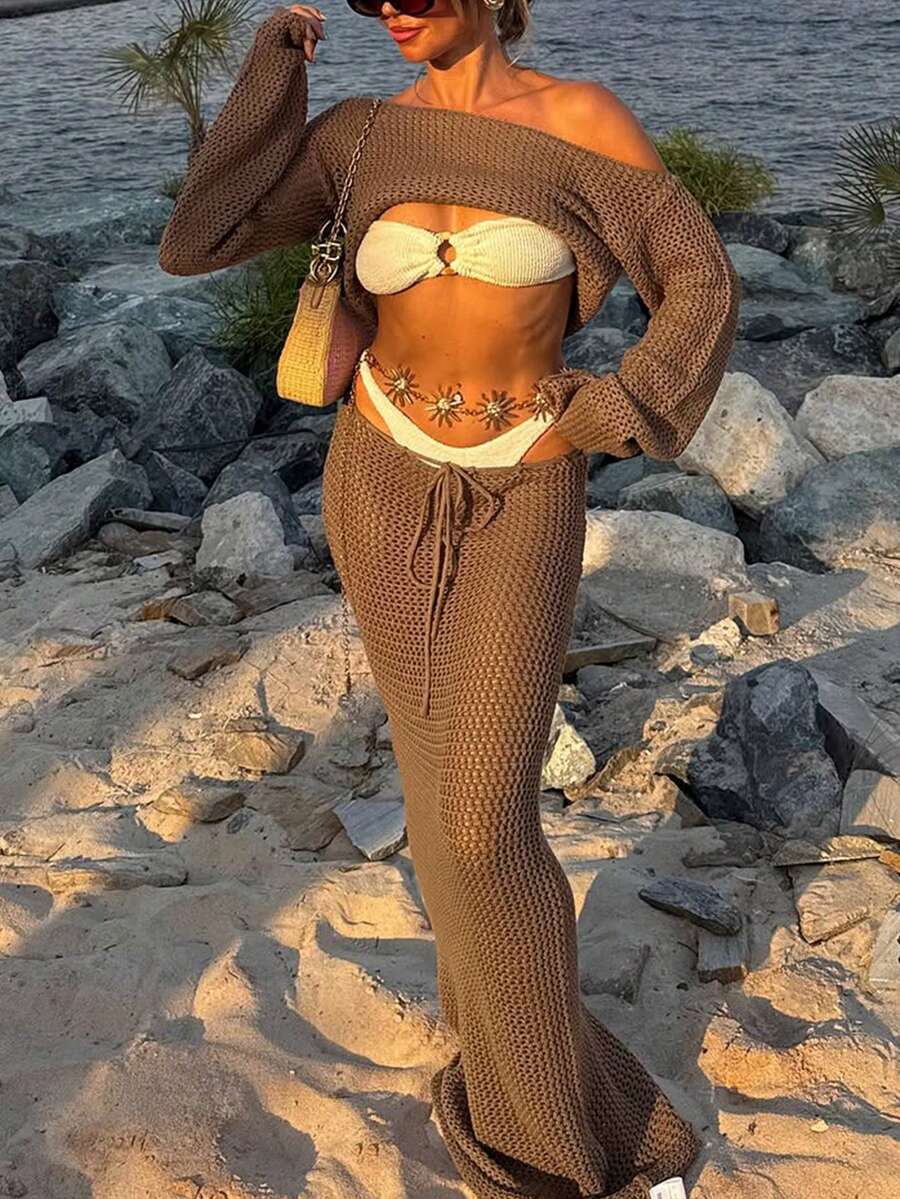 Women's Spring/Summer New Casual Hollow Out Shoulder Fitted Long Sleeve Cropped Sweater Paired With Tie-Up Fitted Dress 2-Piece Set, Beach Vacation Style - Brown - View 1