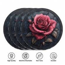 4Pcs Vintage Rose Round Placemats - 15inch Non-Slip Heat-Resistant Table Mats With Floral Design For Valentine's Day And Restaurant Decoration Black And Red Roses On Dark Blue Background Perfect For Parties And Everyday Use Party Table Accessories| Elegant Dining Table Setting| Heat-Resistant Mat - 彩色 - 查看 9