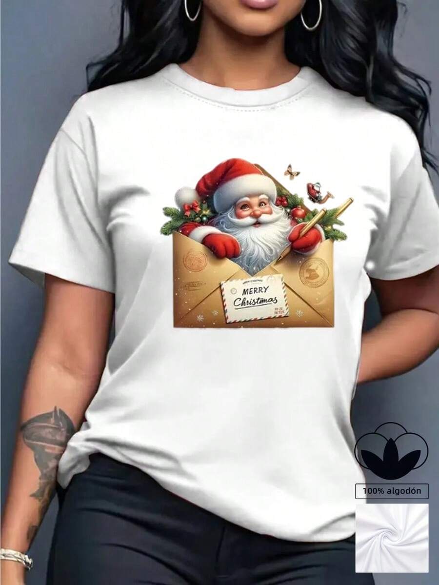 Camiseta informal navideña para mujer, 100% algodón, con estampado navideño, cómoda camiseta de manga corta y cuello redondo, ideal para primavera y verano, fiestas navideñas y para usar en invierno, adecuada para cualquier ocasión, color liso, estilo informal, fiesta de Navidad, reunión familiar, uso diario. - Blanco - Ver 1