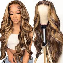 ownvmor 34 Inch Honey Blonde Ombre Lace Front Wig Human Hair Highlight Body Wave Lace Front Wigs Human Hair Pre Plucked 200 Density 13X4 HD Lace Frontal Wig For Women 4/27 Colored - Nhuộm Ombre nổi bật 4/27 - Xem 3