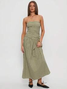Women Tube Long Dress Ruched Boat Neck Backless Sleeveless Strapless Flowy Dresses - 綠色 - 查看 3