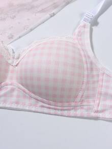 3pcs Eusto Lace Trim Plaid Pattern Bras For Teen GirlYoung Women - Lift & Enhance Petite Bust, Youthful & Energetic