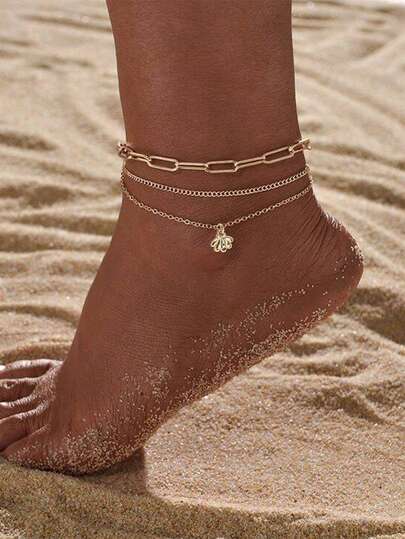 Nooxian 3pcs/Set Women Anklet Set, Bohemian Summer Beach Vacation Stacking Style, Gold-Tone Hollow Chain, Curb Chain, Copper Inlaid Zirconia Shell Pendant Ocean Series Multi-Layer Anklet Accessory Gift