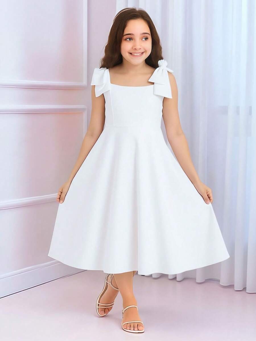 Girls' Midi Dress, Full Skirt, Luxury Party Dress - trắng - Xem 1