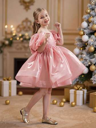 Young Girls' Bow Decor Tulle Party Dress, Princess Style Suitable For Birthday, Wedding, Anniversary, Holiday Celebration