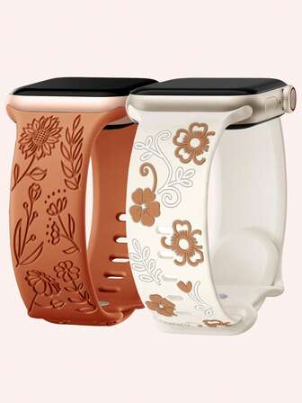 2条装花卉雕刻表带，兼容表带40mm 41mm 38mm 42mm 44mm 45mm 46mm 49mm，女士款，柔软硅胶可爱花朵表带，适用于 Series 11 10 9 8 7 6 5 4 3 2 1 SE Ultra3/2/1