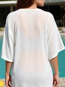 Swim Mod Loose Fit Openwork Crochet V-Neck Cover-Up Dress With Side Slits, For Vacation, Summer Beach - White - View 2