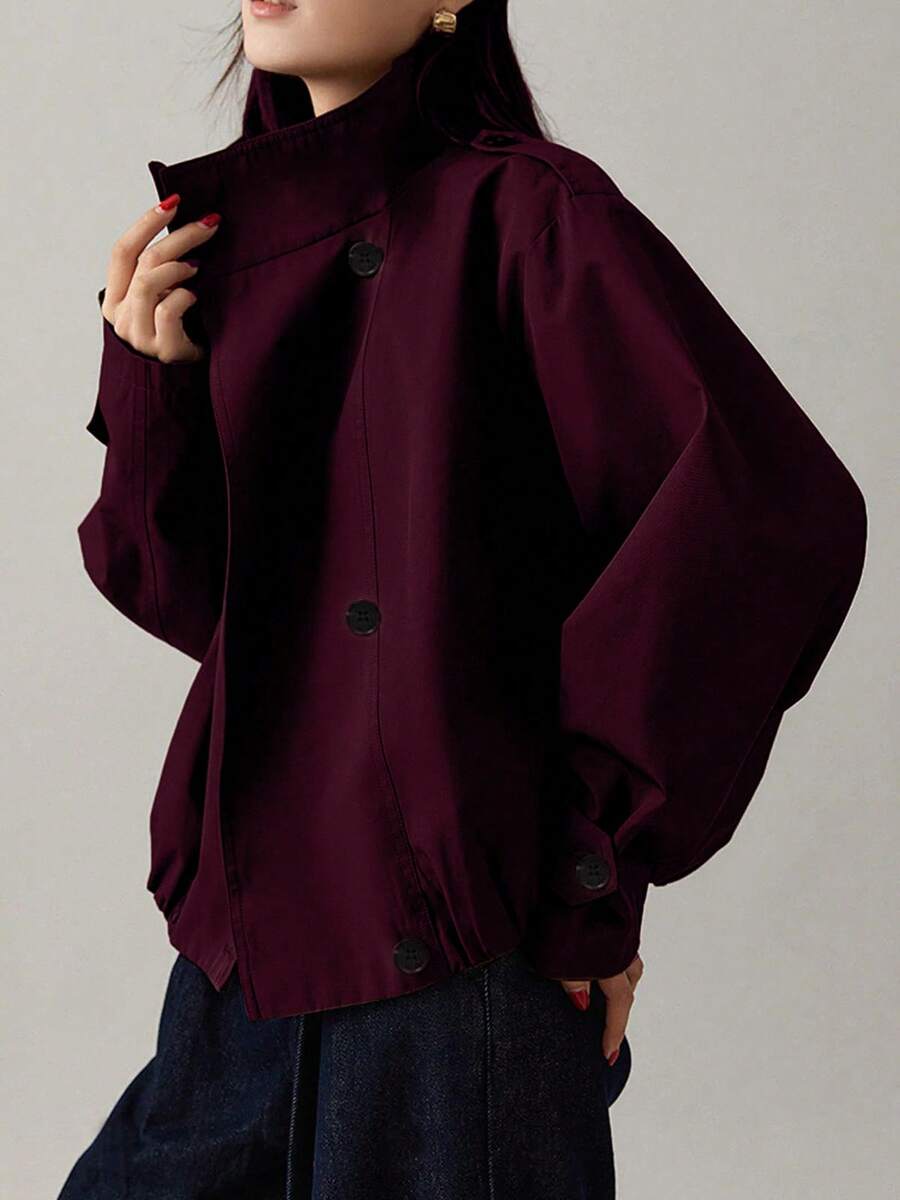 Deep Red Women's Stand Collar Drop Shoulder Trench Coat, Loose Silhouette Flattering, Double-Breasted Button Accent, Versatile For Commute, Casual, Fashion Outings - Red - View 1