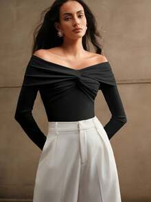 Swisz Women's Bodysuit With  Braided Detail, Long Sleeve, Elegant Draped - màu đen - Xem 1