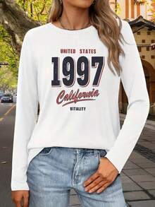 女装，女士秋季服装，优雅女士上衣，日常女士服装，“美国 1997 加州活力”字母图案，长袖上衣，秋季女士服装，长袖衬衫，长袖T恤，黑色上衣，100%纯棉女士上衣，黑色纯棉长袖，纯棉面料 - 白色 - 查看 3