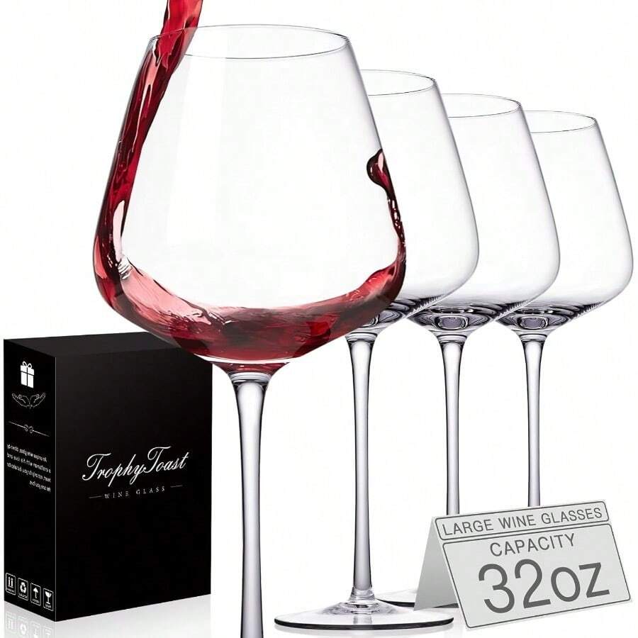 Extra Large 32oz Hand Blown Red Wine Glasses Set Of 4 With Long Stem For Elegant Dining And Special Occasions Crystal Clear Giant Burgundy Red Wine Glasses With Thinner Design Premium Gift Packaging Ideal For Mother's Day Wedding Birthday Celebrations - 32ozWineGlasses - View 1