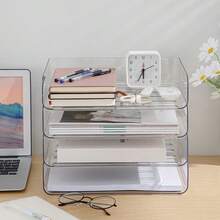 2/4 包 A4 尺寸透明文件托盘 - 可堆叠纸张收纳架，桌面收纳架，适用于家庭办公室 - 桌面文件收纳架，可存放文件、书籍、报纸和杂志，带储物隔层 - 返校用品