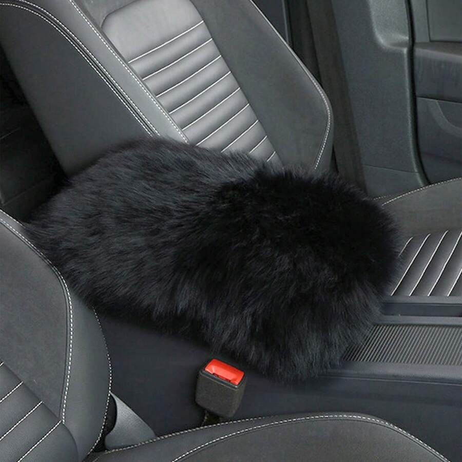 1pc Car Armrest Pad, Thick Plush Warm Armrest Cover, Suitable For Autumn/Winter - Black - View 1
