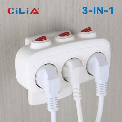 CILIA 1/2 ổ cắm điện tiêu chuẩn Châu Âu có công tắc riêng, 250V 16A, kèm dây cáp, thích hợp cho gia đình, văn phòng và du lịch - Màu trắng