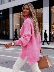 Women's Mock Neck Knitted Sweater  Multi-Color Oversized Textured Pullover, Cozy Fall Winter Fashion Essential - Pink - View 3