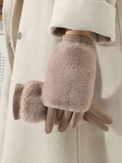 1 Pair Women's Winter Gloves, Thermal Lined, Windproof, Warm, Touch Screen Compatible, Suitable For Cycling And Driving, 2-In-1 Design
