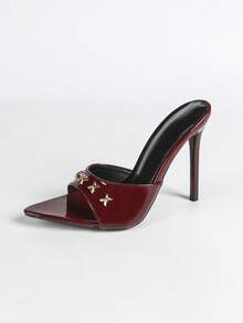 女士时尚高跟鞋，派对，经典尖头，露趾，露跟，金属PU皮革，套脚，漆皮鞋跟，细高跟，金属风格，夏季，户外，常规款，香槟色女士凉鞋，高跟拖鞋，性感 - 酒紅色 - 查看 12