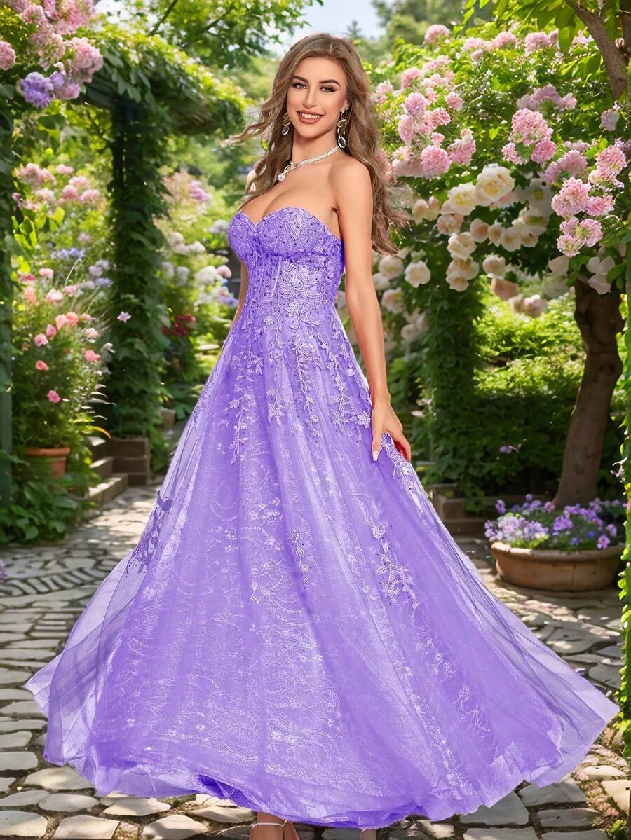Strapless Lace Mesh Prom Dresses For Women Embroidery Sparkly Rhinestone Party Ball Gown Floor Length A Line Tulle Applique Evening Dresses Corset Boned - 淡紫色 - 查看 1