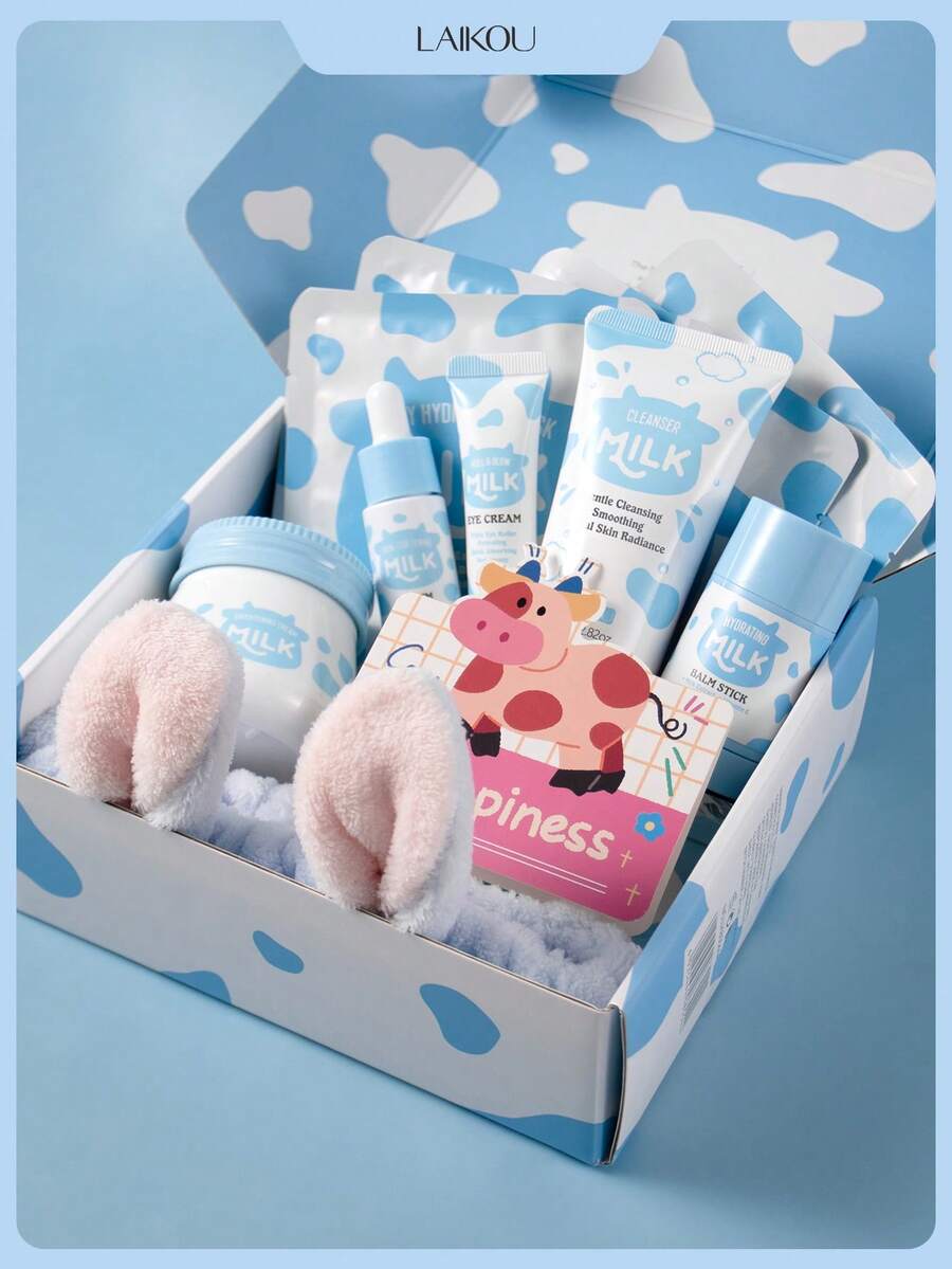 1 Set Improves Overall Completion LAIKOU Milk Glowing Skincare Set,(Milk Brightening Cream 55g+Milk Roll & Glow Eye Cream 20g+Milk Cleanser 80g+Rabbit Headband (Blue) +Milk Skin-Softening Serum 17ml+Milk Silky Hydrating Mask 25g* 5+Milk Hydrating Balm Stick 40g+Milk Card )Reduce Fine Lines Skin Care Gift Boxes Deep Nourishing Skin Care Gift Bag For Women, Mom, Wife, Sister, Teen, Girl Friend Self Care Gifts - 12 chiếc - Xem 1