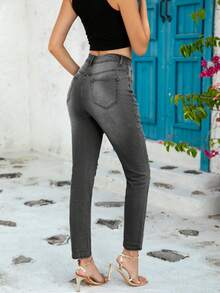 Ripped Straight-Leg Jeans, Women's Fashion Elastic High-Waisted Long Pants - Grey - View 4