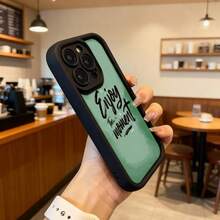 Cubierta de teléfono con borde negro y parte trasera verde con estampado de texto Enjoy the moment para uso diario en cafeterías y espacios casuales Aplicable a los teléfonos de la serie Apple y Galaxy - Negro - Ver 6