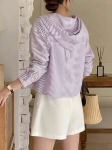 Kemeja Wanita Lengan Panjang Berkerudung Model Longgar Bergaris Kontras Warna dengan Kancing Tunggal, Gaya Kasual Musim Panas Korea Chic untuk Musim Semi - Mauve Purple - View 5