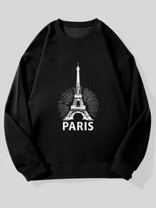Sudadera Oversize para Hombre con Estampado de la Torre Eiffel y Texto Francés - Suéter Casual Cuello Redondo, Diseño Icónico en Beige y del Monumento París Francia, Lavable a Máquina como Recuerdo o Ropa casual, Camisas de Manga Larga para Hombres, Ropa Grunge para Hombres, Suéter Gráfico, Sudaderas para Hombres, Suéter de Streetwear, Chaqueta con capucha, Sudaderas con capucha, Sudaderas con Capucha para Hombre, Sudadera para Hombre, Suéteres para Hombre, - Blanco - Ver 3