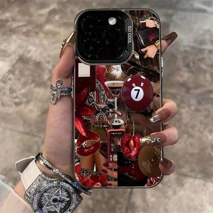Teléfono: 1 Estampado de Labios de Cereza No. Funda de teléfono con diseño de copa de vino esférica, adecuada para modelos 16, 15, 14, 13, 12, 11 Pro, 14 Plus, 15, 16, XS, XR, X, una linda idea para el Día de San Valentín para ella/él. - Negro - Ver 1