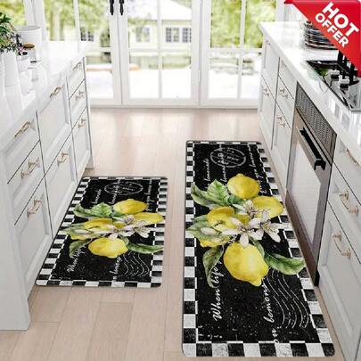 Bộ thảm trải sàn nhà bếp bằng vải chenille họa tiết chanh - Bề mặt mềm mại, ấm cúng với họa tiết chanh vàng và lá xanh, mặt sau chống trượt, thích hợp làm thảm trang trí nhà bếp và phòng tắm, phụ kiện phòng tắm, trang trí nhà cửa, thảm phòng khách, thảm chống trượt, thảm cửa nhà bếp, thảm hành lang, thảm trải sàn mềm mại, bộ thảm trang trí.