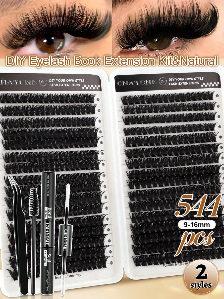 CMAYOME Bộ 544/640 sợi mi cong chữ D, Bộ mi giả dành cho người mới bắt đầu, Mi giả tự làm dày và mềm mại, Bao gồm keo dán và chất bịt kín, Nhíp, Mascara, Mi giả làm đẹp mắt