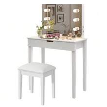 Dressing Table With Mirror, Dressing Stool, Dressing Table Set With 6 Light Bulbs, White - White - View 1