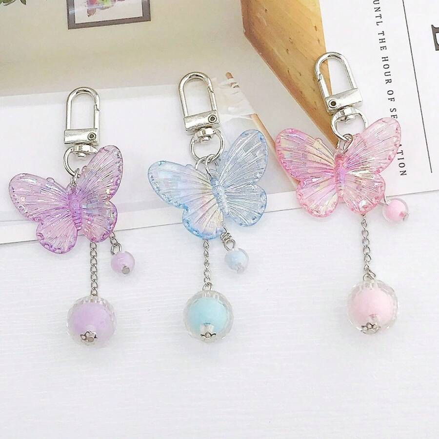 New J78 Silver Buckle Holographic Butterfly Keychain, Cute Girly Backpack Pendant, Durable Lightweight Key Ring Charm For Girls, Stylish Book Bag Accessory, Aesthetic Key Holder, Perfect Gift For Teens & Young Women - 粉紅色 - 查看 1