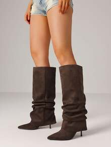Winter Suede Boots Pleated Fold Over Slouchy Long Boots Stiletto High Heel Thigh High Sexy Luxury Mature Tall Shark Shoes Woman - darkbrownsuede - 查看 5