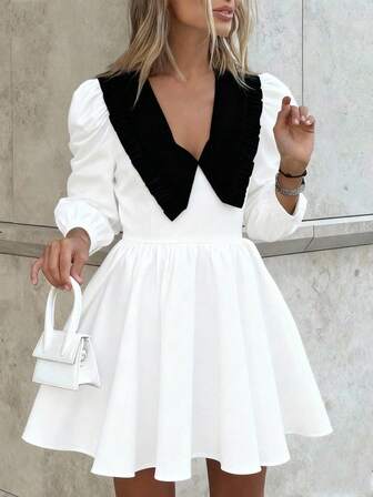 女士时尚撞色休闲荷叶领连衣裙