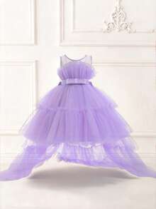 Girls' Elegant Bowknot Tulle Trailing Puff Dress, Suitable For Birthday Party, Banquet, Does Not Include Headband - 紫色 - 查看 3
