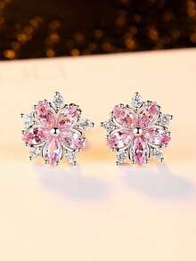 1pair Glamorous Cubic Zirconia Flower Stud Earrings For Women For Gift Valentines - Pink - View 5