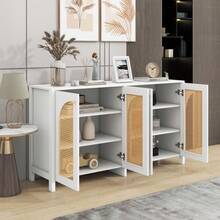 Modern Minimalist Style Sideboard With 4 Rattan Doors, Metal Handle, Simple Buffet Cabinet For Dining Room, Living Room, Kitchen (Natural Wood) - White + MDF - 查看 4