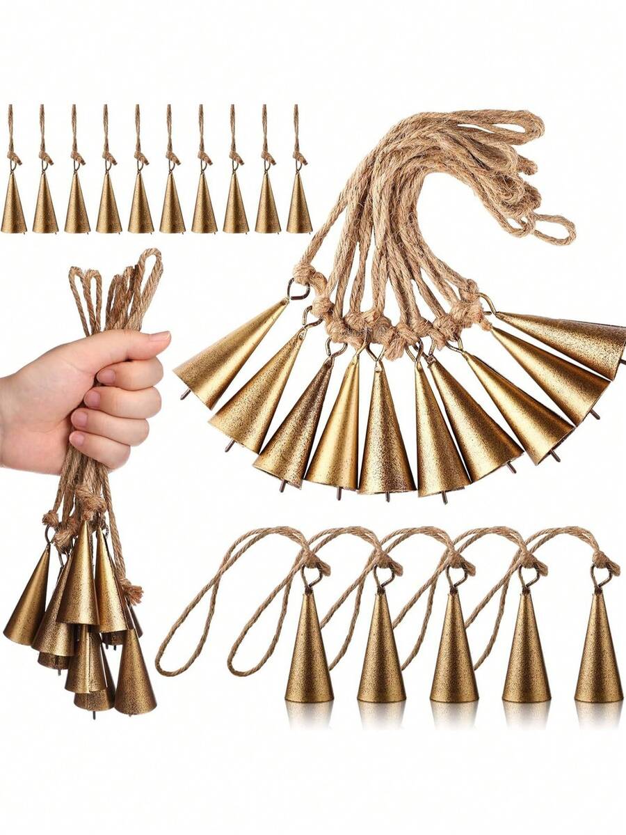 Set de 12 campanas de bruja con cuerda de yute - Adornos de árbol de Navidad de arte de hierro, decoraciones para el Día de San Valentín y Año Nuevo, campanas de artesanía multiusos para decoración del hogar en días festivos, campanas de bronce, decoración de carillones de viento, adecuadas para colgar como timbre de puerta, aplicables para bodas, decoración festiva, decoración navideña, decoración de habitaciones, Navidad de invierno y otras ocasiones